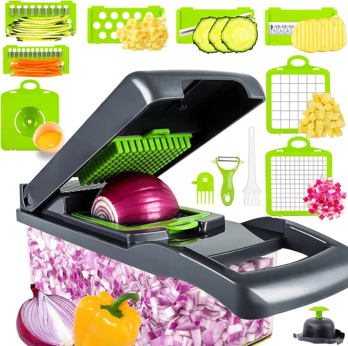 Professional Compact Vegetable Chopper, Food Cutter Chopper Mandoline Slicer (9 Inserts) Grey Green