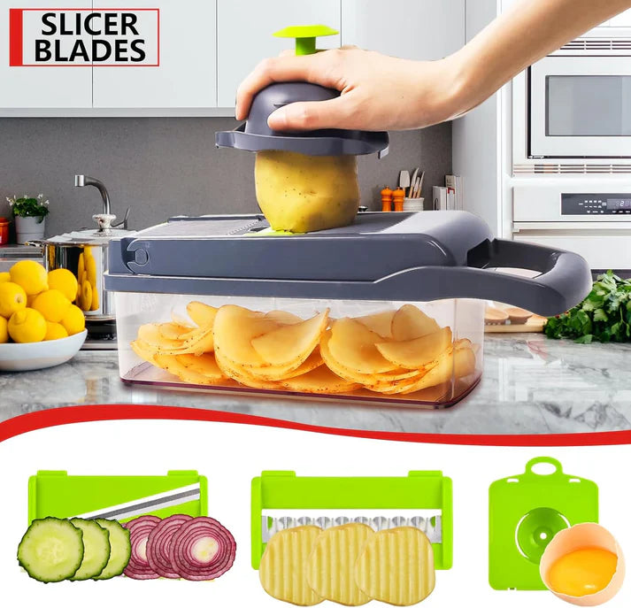 Professional Compact Vegetable Chopper, Food Cutter Chopper Mandoline Slicer (9 Inserts) Grey Green