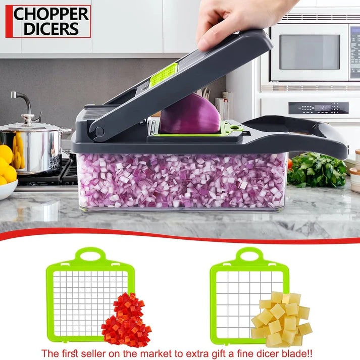Professional Compact Vegetable Chopper, Food Cutter Chopper Mandoline Slicer (9 Inserts) Grey Green