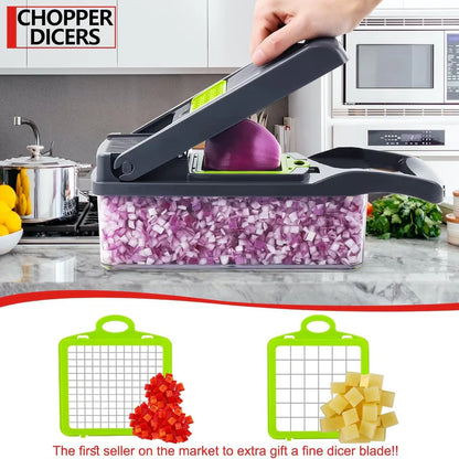 Professional Compact Vegetable Chopper, Food Cutter Chopper Mandoline Slicer (9 Inserts) Grey Green