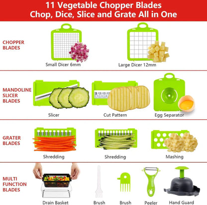Professional Compact Vegetable Chopper, Food Cutter Chopper Mandoline Slicer (9 Inserts) Grey Green